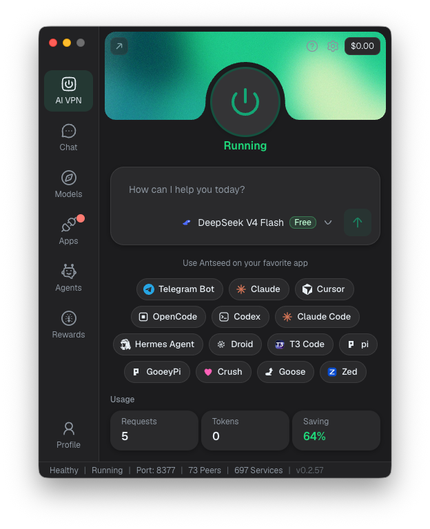 AI VPN Home with Running status and a selected model labelled Free.