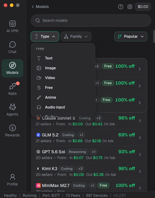 Models Type menu with the Free filter.