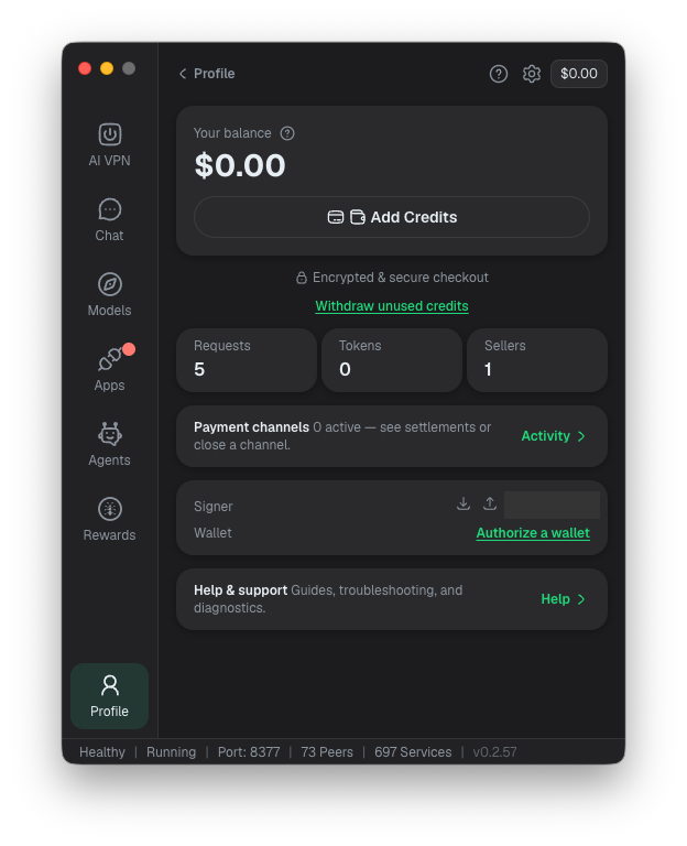 Profile showing Add Credits, Activity and Authorize a wallet; signer address masked.