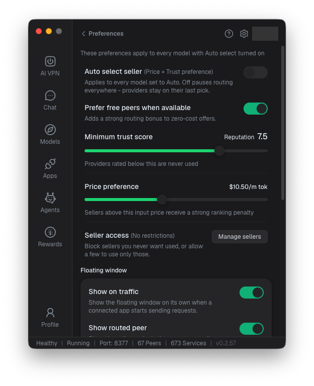 Preferences showing automatic selection, free-peer preference, trust, price and Manage sellers.