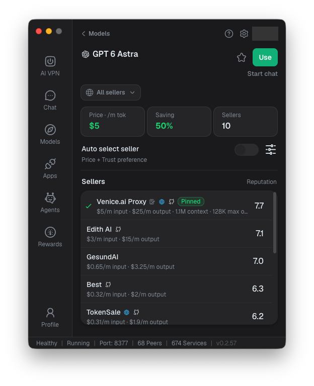 Model seller list showing a Pinned provider and differing input and output prices.