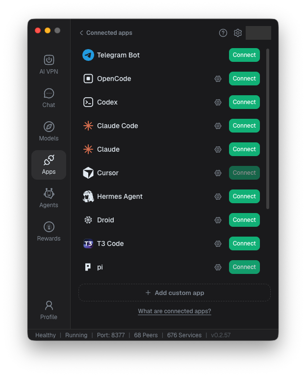 Connected apps list with Connect buttons for supported tools.